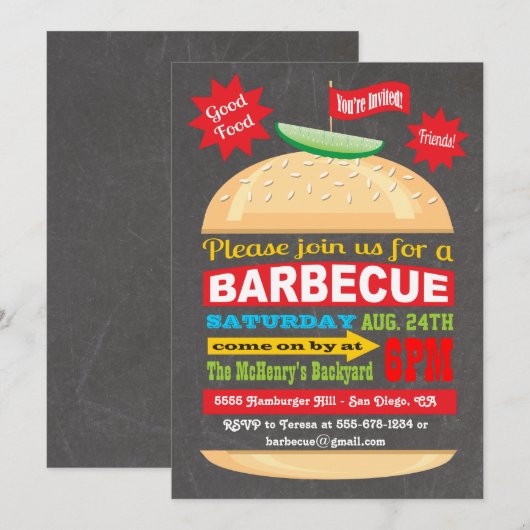 Chalkboard Hamburger Barbecue Party Uitnodiging (Voorkant / Achterkant)