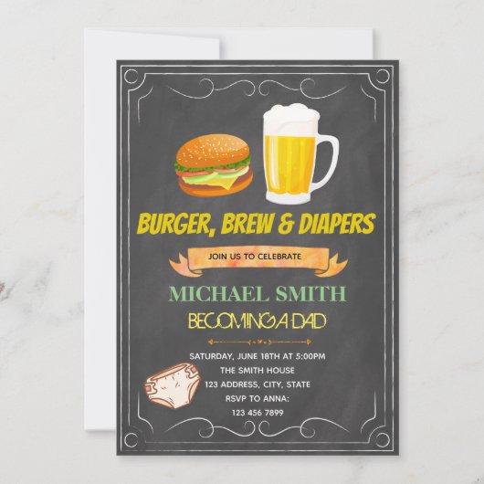 Chalkboard hamburger diaper-uitnodiging kaart (Voorkant)
