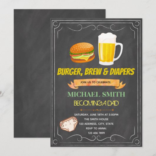 Chalkboard hamburger diaper-uitnodiging kaart (Voorkant / Achterkant)