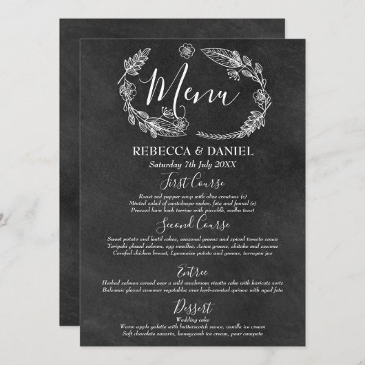 Chalkboard Handgetekende Floral Garland Bruiloft Menu (Voorkant / Achterkant)