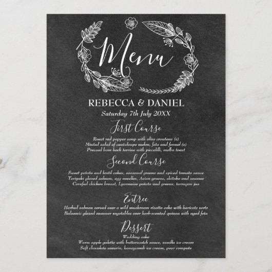 Chalkboard Handgetekende Floral Garland Bruiloft Menu (Voorkant)