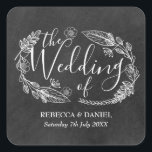 Chalkboard Handgetekende Floral Garland Bruiloft Vierkante Sticker<br><div class="desc">Met rustieke bloemenslinger handgetekende illustraties en stijlvol script op een krijtbordachtergrond. Personaliseer met uw speciale trouwdag informatie. Ontworpen door Thisnotme©</div>