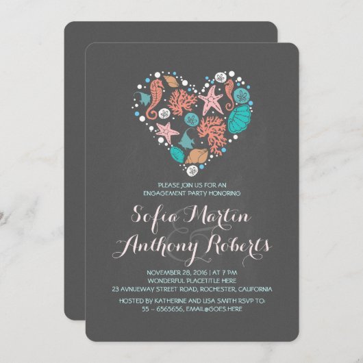 Chalkboard hart schattig strand verlovingsfeest kaart (Voorkant / Achterkant)