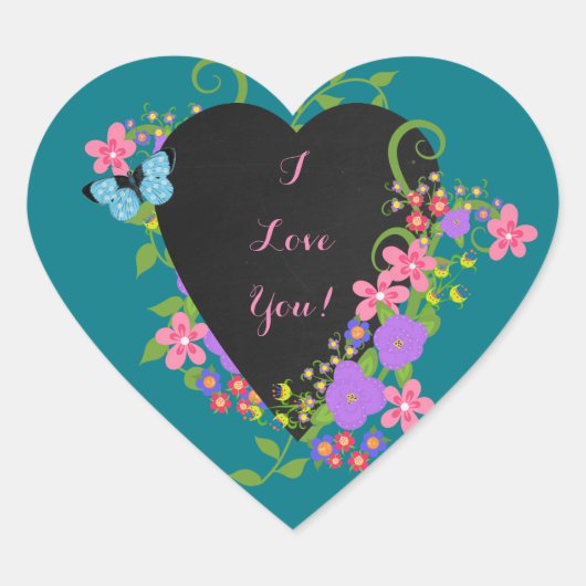 Chalkboard Heart en Flowers, klauwhuikers Hart Sticker (Voorkant)