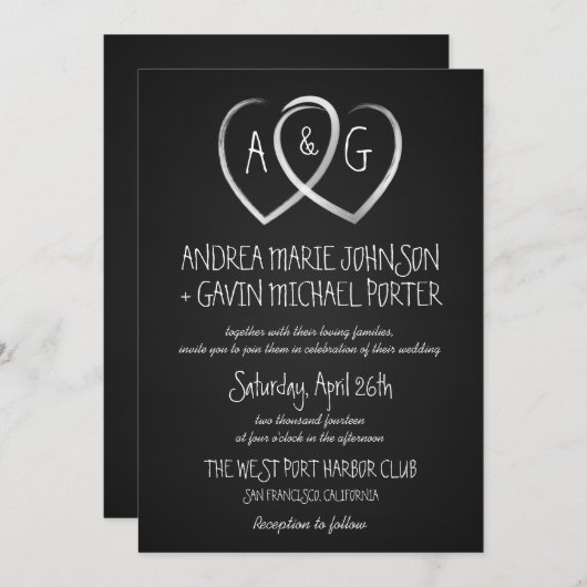 Chalkboard Hearts Monogram Huwelijksuitnodiging Kaart (Voorkant / Achterkant)