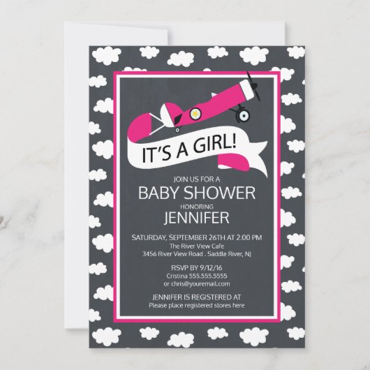 Chalkboard Het is een meisje! Vliegtuig Meisjes Ba Kaart (Voorkant)