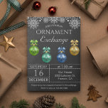 Chalkboard Holiday Ornament Exchange Party Invite Kaart<br><div class="desc">Nodig uw gasten uit met deze elegante uitnodiging van de ornament-uitwisselingspartner met moderne typografie en prachtige bubbels tegen een achtergrond van een krijtbord. Voeg eenvoudig uw gebeurtenisdetails op deze makkelijk te gebruiken sjabloon toe om het één-van-een-soort uitnodiging te maken. Draai de kaart om een prachtig stip patroon op de achterkant...</div>