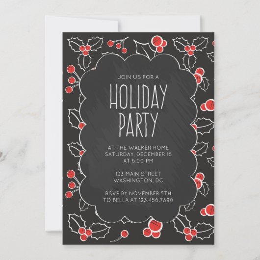 Chalkboard Holly Berries Holiday Party Uitnodiging (Voorkant)