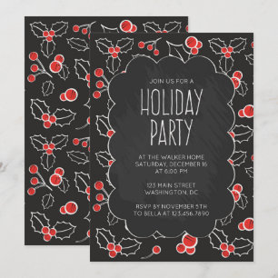 Chalkboard Holly Berries Holiday Party Uitnodiging