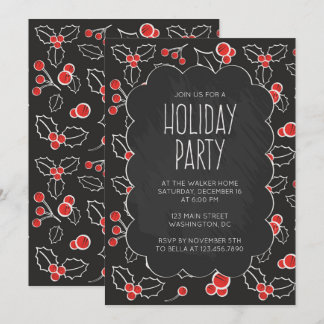 Chalkboard Holly Berries Holiday Party Uitnodiging