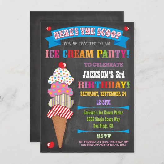 Chalkboard Ice Cream Party Uitnodiging (Voorkant / Achterkant)