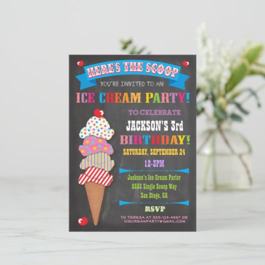 Chalkboard Ice Cream Party Uitnodiging (Staand voorkant)