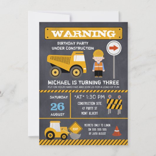 Chalkboard in aanbouw Verjaardag uitnodiging (Voorkant)