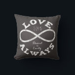 Chalkboard Infinity Love Wedding Date en Names Kussen<br><div class="desc">Viel de oneindige liefde tussen je favoriete bruid en bruin met deze aanpasbare kussen! Een wit krijtoneindigheid symbool en de tekst "Love Altijd" omringt de namen van een paar en de trouwdatum op een zwarte achtergrond van het bord. Maakt een mooi,  modern,  gepersonaliseerd cadeau.</div>