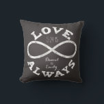 Chalkboard Infinity Love Wedding Date en Names Kussen<br><div class="desc">Viel de oneindige liefde tussen je favoriete bruid en bruin met deze aanpasbare kussen! Een wit krijtoneindigheid symbool en de tekst "Love Altijd" omringt de namen van een paar en de trouwdatum op een zwarte achtergrond van het bord. Maakt een mooi,  modern,  gepersonaliseerd cadeau.</div>