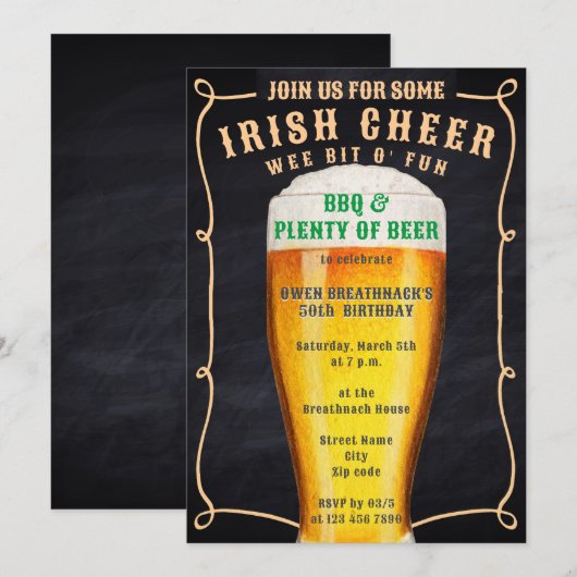  Chalkboard Irish Cheer BBQ & Beer Verjaardag Kaart (Voorkant / Achterkant)