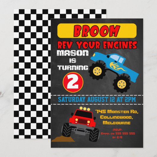 Chalkboard jongens monster trucks verjaardag uitno kaart (Voorkant / Achterkant)