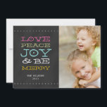 CHALKBOARD JOY | FOTO HOLIDAIRE KAART<br><div class="desc">FUN JOY BLACK CHALKBOARD FOTO HOLIDAY GREETING CARD. ELKE CLARKE© VOOR MONOGRAM GALLERY. Stuur je kerstcadeautjes naar je vrienden en familie met deze leuke feestkaart met foto. "JOY, PEACE, LIEFT EN BEN MERRY". U kunt het "aanpassen"en de kleur van de woorden veranderen om uw foto aan te passen. Voeg uw...</div>