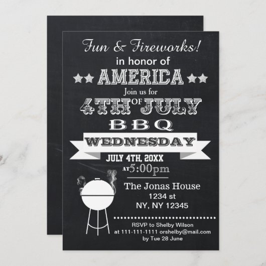 Chalkboard Juli 4e BBQ Holiday Partij Uitnodiging (Voorkant / Achterkant)