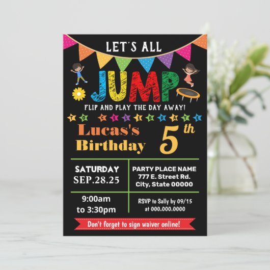 Chalkboard Jump verjaardagstrampoline springfeest Kaart (Staand voorkant)