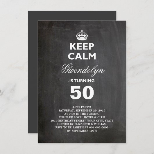 Chalkboard Keep Calm Funny 50th Birthday Invite Kaart (Voorkant / Achterkant)