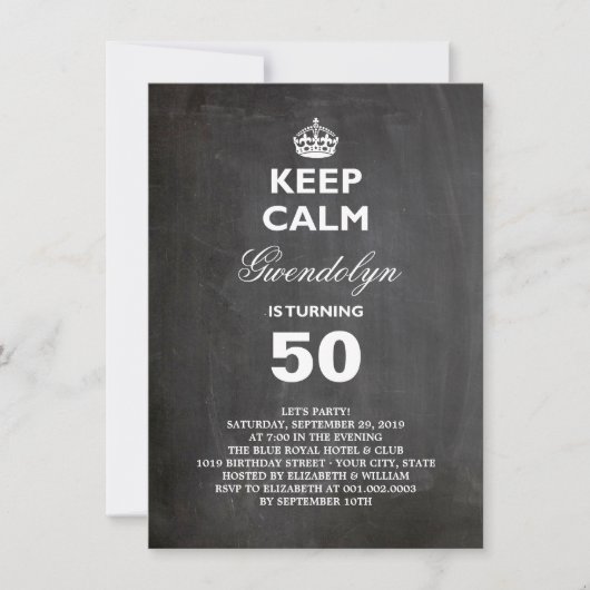 Chalkboard Keep Calm Funny 50th Birthday Invite Kaart (Voorkant)