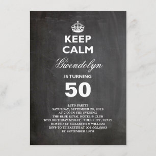 Chalkboard Keep Calm Funny 50th Birthday Invite Kaart