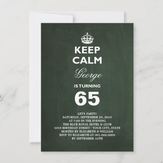 Chalkboard Keep Calm Funny 65th Birthday Invite Kaart (Voorkant)