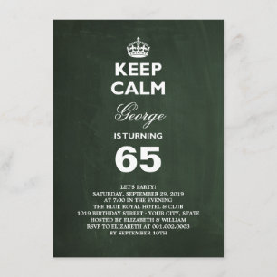 Chalkboard Keep Calm Funny 65th Birthday Invite Kaart
