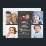 Chalkboard kerstboom 4 Foto-Wenskaart Feestdagenkaart<br><div class="desc">Populaire en trendy kerstvakantiefoto's wenskaart voor vier familiefoto's met een schattige kerstman die een truck oppikt met schattige kerstbomen en een rode boog op een stijlvol,  chic & trendy zwart bord.  Kute kerstkaart om je mooie familie te laten zien waar je kinderen van zullen houden!</div>