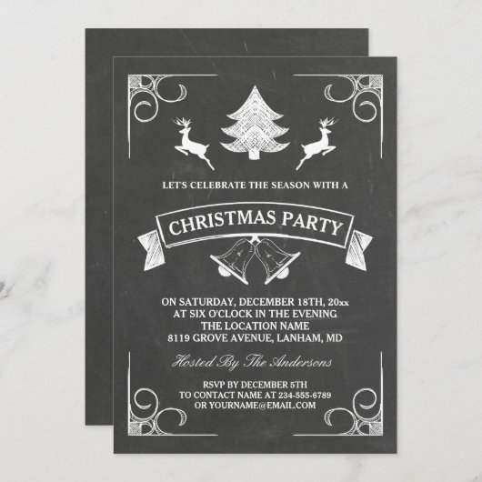Chalkboard kerstdeer Tree Bell Holiday Party Kaart (Voorkant / Achterkant)
