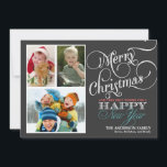 Chalkboard Kerstmis 3-Photo Holiday Flat Card Feestdagenkaart<br><div class="desc">Fun en festive Merry kerstgroeten met een foto-lijst op zwarte achtergrond van het bord en elegante retro typografie met draaiende script kalligrafie. Voeg uw favoriete foto's van de vakantiefamilie toe en pas de tekst aan. De hedendaagse manier om gelukkige wintervakantiegroeten te sturen naar al je vrienden en geliefden met een...</div>