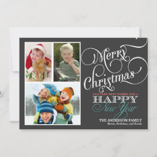 Chalkboard Kerstmis 3-Photo Holiday Flat Card Feestdagenkaart