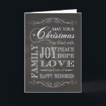 Chalkboard - Kerstmis gevuld met vreugde Vrede Hoo Feestdagen Kaart<br><div class="desc">Trendy krijtbord kerstkaart die leest,  moge uw Kerstmis worden gevuld met vreugde,  vrede,  hoop,  familie,  liefde en veel gelukkige herinneringen. Ontworpen door Simply Put van Robn; boven- en onderkant ornamenten van Free Photoshop Org.</div>