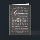 Chalkboard - Kerstmis gevuld met vreugde Vrede Hoo Feestdagen Kaart<br><div class="desc">Trendy krijtbord kerstkaart die leest,  moge uw Kerstmis worden gevuld met vreugde,  vrede,  hoop,  familie,  liefde en veel gelukkige herinneringen. Ontworpen door Simply Put van Robn; boven- en onderkant ornamenten van Free Photoshop Org.</div>