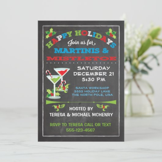 Chalkboard Kerstmis Mistletoe en Martinis PARTY Kaart (Staand voorkant)