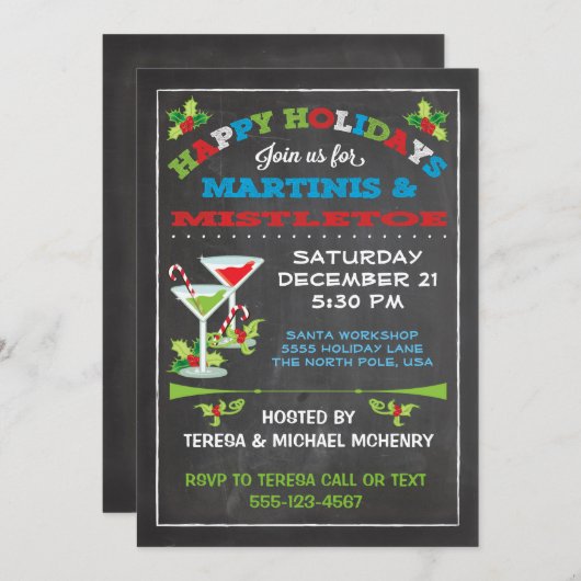 Chalkboard Kerstmis Mistletoe en Martinis PARTY Kaart (Voorkant / Achterkant)