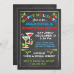 Chalkboard Kerstmis Mistletoe en Martinis PARTY Kaart<br><div class="desc">Gooi een kerstfeestfeest met deze leuke uitnodiging. Kenmerken Mistletoe,  snoepsnoeren en Martinis op een achtergrond van een krijtbord. Met de hand getekende illustratie door McBooboo. Achtergrond van het karton,  niet gewoon zwart</div>