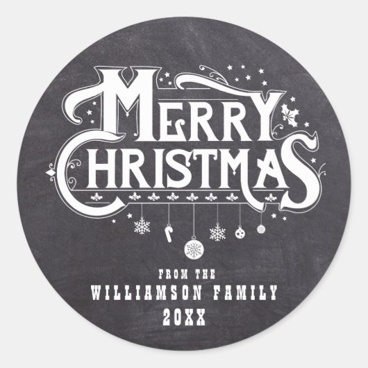 Chalkboard Kerstmis Zwart Wit Gepersonaliseerd Ronde Sticker (Voorkant)