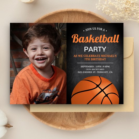 Chalkboard Kinder Basketball Birthday Party Foto Kaart