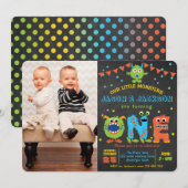 Chalkboard kleine monstertweeling 1e verjaardag kaart (Voorkant / Achterkant)