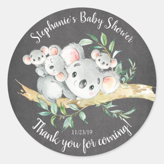 Chalkboard Koala Beer Triplets Baby shower Favor Ronde Sticker (Voorkant)