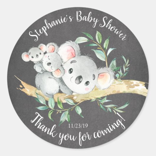 Chalkboard Koala Beer Twins Baby shower Favor Ronde Sticker (Voorkant)