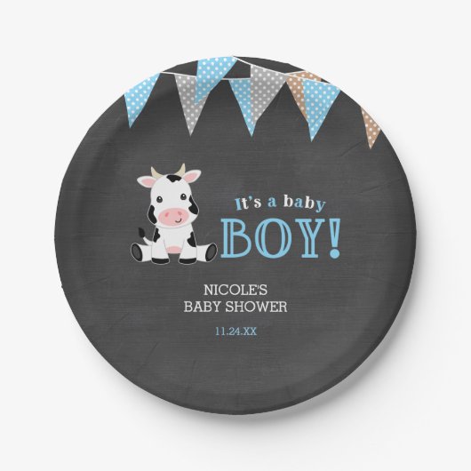 Chalkboard Koe Boy Baby shower Papieren Bordje (Voorkant)