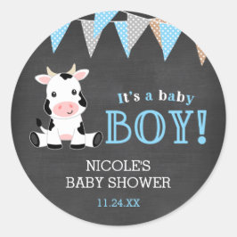 Chalkboard Koe Boy Baby shower Ronde Sticker