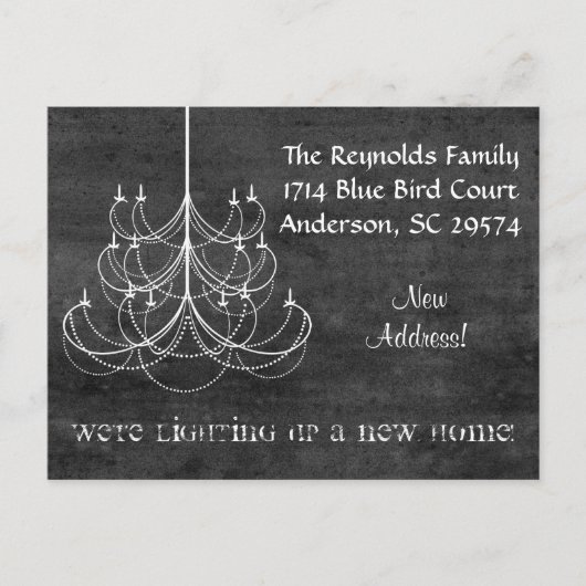 Chalkboard kroonluchter nieuw adres bewegende Kaar Aankondigingskaart (Voorkant)