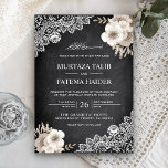Chalkboard Lace Ivory Floral Islamic Wedding Kaart<br><div class="desc">Nodig uw gasten uit met deze elegante trouwuitnodiging met mooie bloemen en kant met 'Bismillah' in Arabische kalligrafie op een rustige achtergrond van het krijtbord. Voeg eenvoudig uw gebeurtenisdetails op deze makkelijk te gebruiken sjabloon toe om het één-van-een-soort uitnodiging te maken.</div>