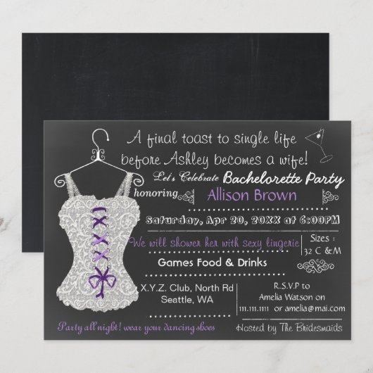Chalkboard Lace Lingerie Shower Bachelorette Kaart (Voorkant / Achterkant)