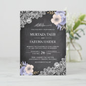 Chalkboard Lace Paarse Floral Islamic Wedding Kaart (Staand voorkant)