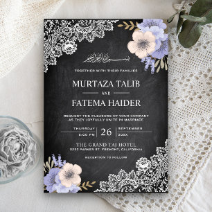 Chalkboard Lace Paarse Floral Islamic Wedding Kaart